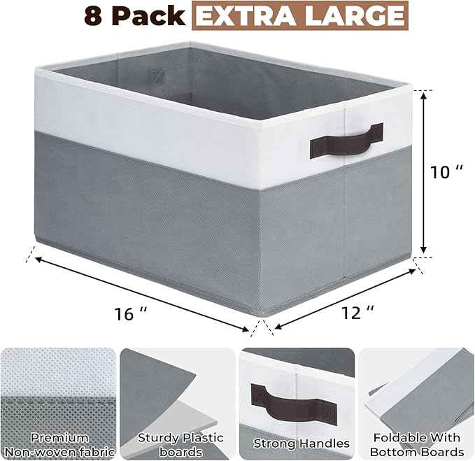 Criusia 8 Pack Closet Organizers and Storage Bins - Extra Large Storage Baskets for Organizing - Clothes Storage Bins for Shelves -Foldable Organizer Bins Totes for Toy Blanket, Dorm Room Essentials