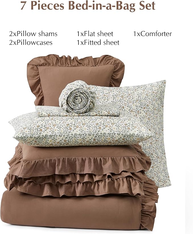 Oversized King Comforter Set - 7 Pieces Ruffle Amber Brown Bedding Sets, Shabby Chic Farmhouse Bed in a Bag with Ruffle Comforter, Floral Sheets, Pillowcases & Shams