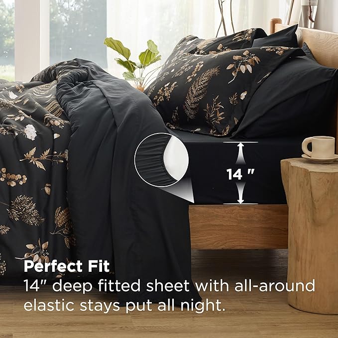 Bedsure Black Queen Comforter Set - 7 Pieces Floral Bedding Sets Queen Bed in a Bag with Reversible Botanical Flowers Comforter, Sheets, Pillowcases & Shams