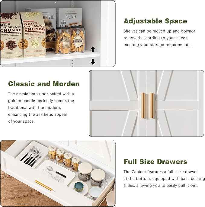 COFaR Metal Storage Cabinet, Farmhouse Storage Cabinet with 2 Doors and 4 Adjustable Shelves - 71" White Kitchen Pantry Storage 5-Tier Tall Steel Cabinets Locker for Kitchen, Living Room, Dining Room