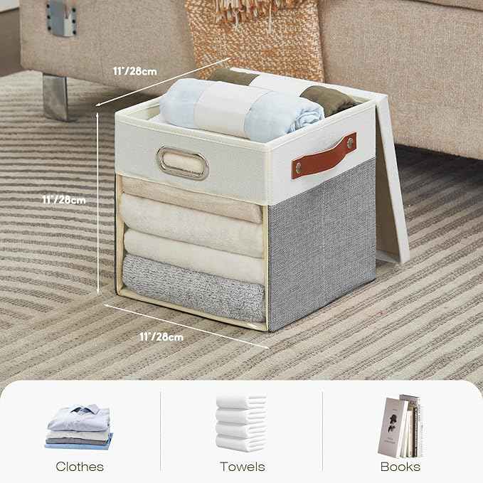 Fabric Storage Cubes with Clear Windows and Lids, 11'' Foldable Storage Bins with 3 Handles, Decorative Storage Boxes for Home, Bedroom, Closet, Office (Gray & White)