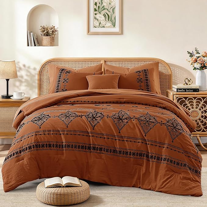MaiRêve Queen Size Comforter Set Burnt Orange, Embroidery Floral Western Boho Bedding Set, All Season 7 Pieces Bed in a Bag with Sheets, Pillowcases & Shams