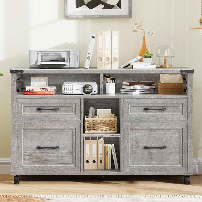 Vabches Farmhouse Filing Cabinet with Adjustable Shelf & Wheels, Lateral File Cabinets, Office Storage Cabinet with 4 Drawers and Open Storage Space, for Hanging Files Letter/A4, for Home Office.Grey
