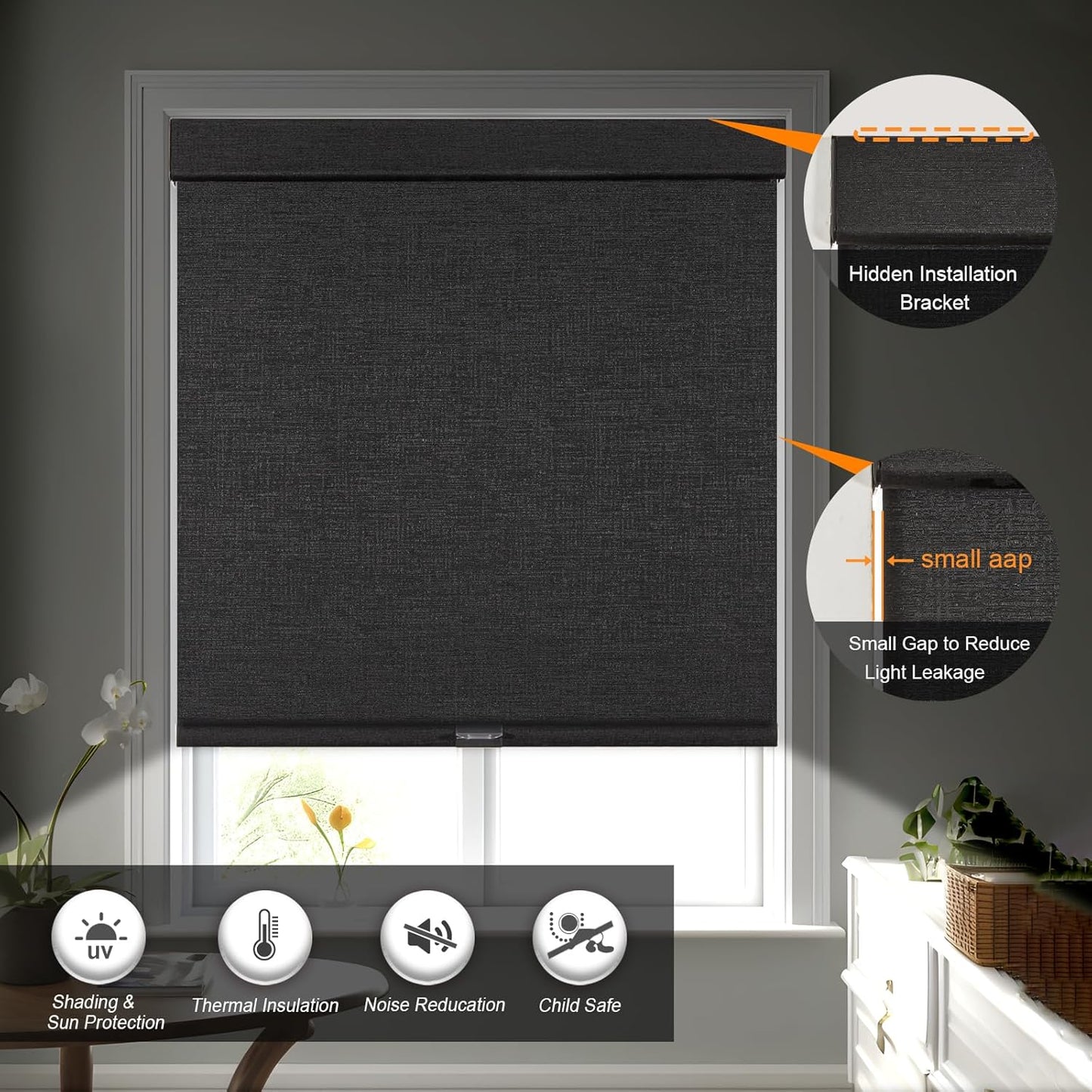 Persilux Free-Stop Cordless Blinds for Indoor Windows with Cover, Window Shades Blackout Roller Blinds, Thermal Insulated Fabric UV Protection for Kitchen, Office, Living Room, Black(54" W x 56" H)