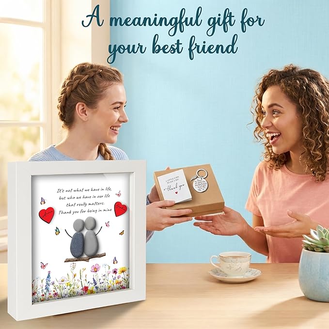 Bestfriend Gifts for Women, 5.5" Pebble Art Bestie Frame Wall Art, Thank You Soul Sister Keychain, Appreciation Birthday Friendship Gifts for Sisters, BFF, Besties, Friends, Valentines Day Decor S93-55