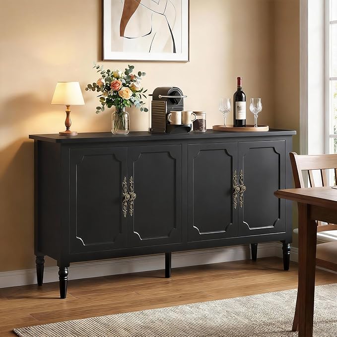 RoyalCraft 59" Buffet Cabinet with Storage, Vintage Sideboard with Adjustable Shelves & Carved Handle, Mid Century Modern Painted Credenza Coffee Bar for Kitchen, Dining Room, Satin Black