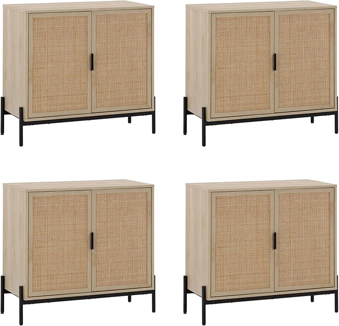 Nathan James Andrew Bohemian TV Stand or Kitchen Sideboard Credenza, Rattan Accent Cabinet with Metal Legs, Light Oak/Matte Black, Set of 4