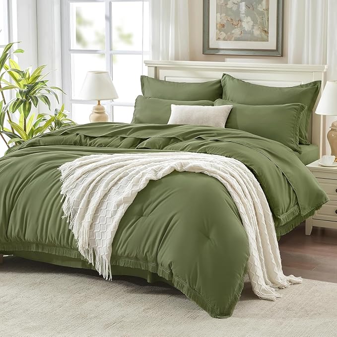Andency Oversized King Comforter Set Olive Green 120x98-7 Pieces Boho Tassel Bed in a Bag Soft Lightweight Bedding Sets, Fringe All Season Bed Set with Comforter, Sheets, Pillowcases & Shams