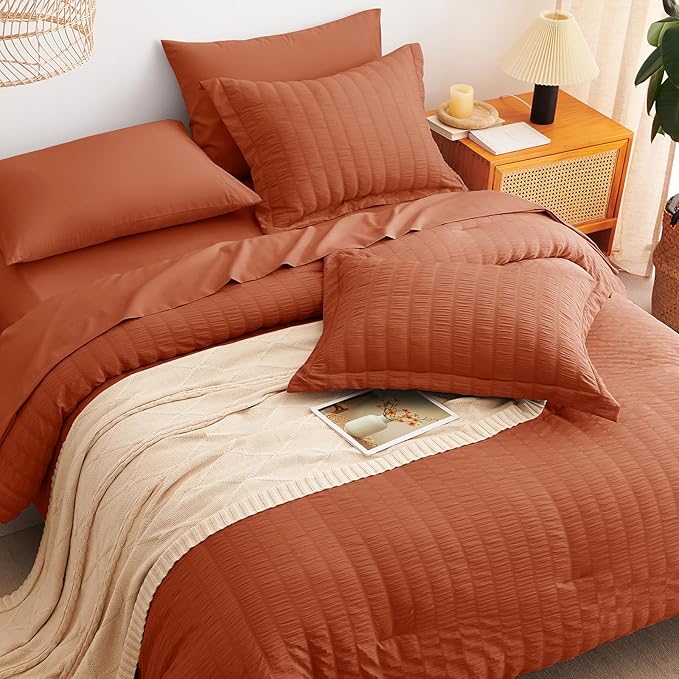 CozyLux King Size Comforter Set Burnt Orange Seersucker 7 Pieces Bed in a Bag King Comforter Set with Sheets Terracotta Luxury Bedding Set with Down Alternative Comforter, Sheets, Pillowcases & Shams