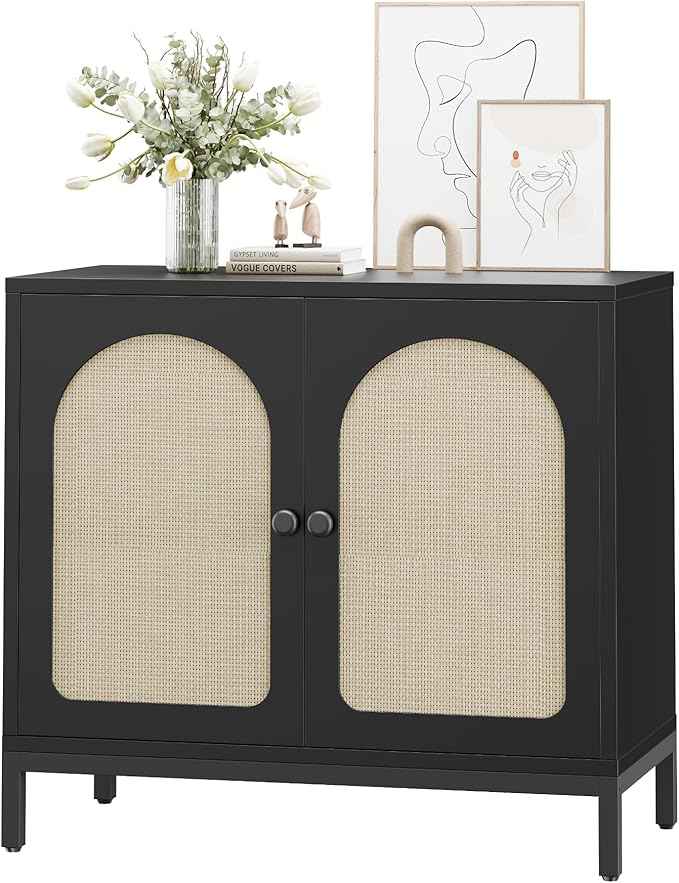 GarveeHome Rattan Sideboard Buffet Cabinet, Kitchen Storage Cabinet with Rattan Doors and Adjustable Shelves, Boho Accent Liquor Coffee Buffet for Living Dining Room Hallway, Black