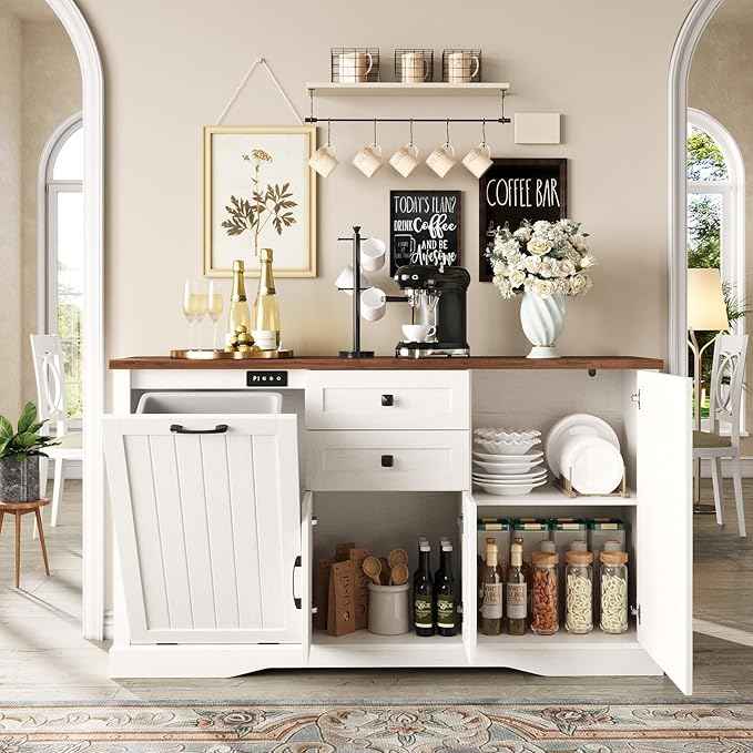 Vabches Farmhouse Buffet Cabinet with Tilt Out Trash Can, 55" Coffee Bar Cabinet&Sideboard with Storage and Drawers, Hidden Garbage Cabinet for Kitchen, Rustic White