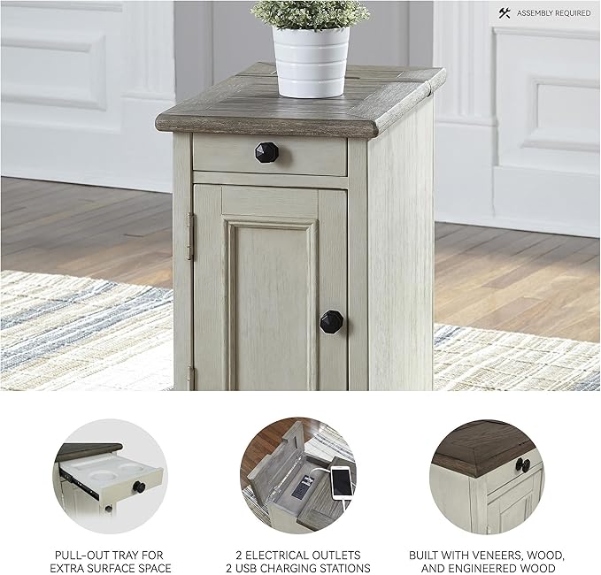 Signature Design by Ashley Bolanburg Farmhouse Chair Side End Table, 2 USB Ports, Pull-out Tray, Wood, 14" W x 24.25" D x 23" H, Antique Cream & Brown