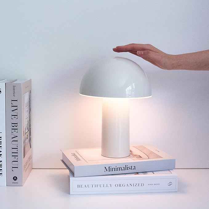 Brightech Celia Table Lamp – 10" Touch-Controlled Mushroom Small Lamp, Cordless & Dimmable LED, Portable Bedside Night Light, Sustainable Mood Light, Recycled Modern Patio Lamp for Home Décor – Cream