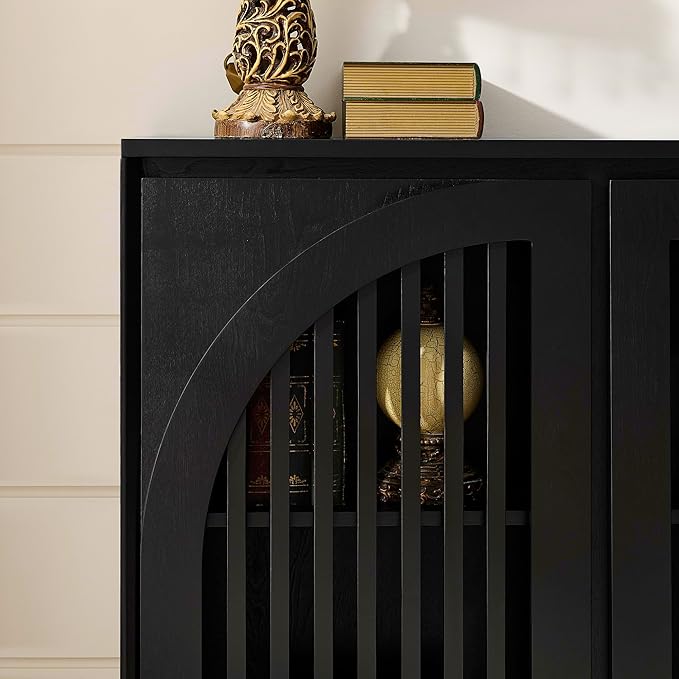 KEIKI 39" Mid Century Modern Fluted Sideboard Cabinet with Storage & Outlet Holes, Narrow Buffet Cabinet, Solid Wood + MDF, for Living Room, Entryway, Hallway, Kitchen, Coffee Bar, Black