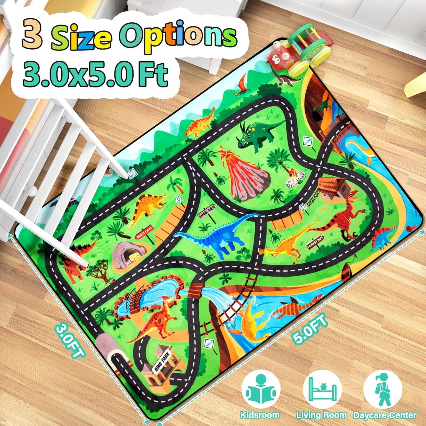 Kids Rug, Car Carpet for Kids' Toy Cars, 3x5 Ft Dinosaur Rug, Dino Safari Road Mat for Playroom, Educational Learning & Game Area Baby Play Mat Carpet for Children