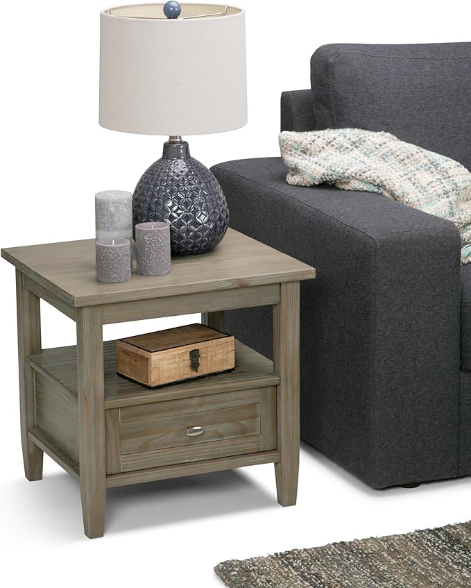 SIMPLIHOME Warm Shaker End Table - 20 inch Wide Solid Wood Side Table in Distressed Grey, Transitional Accent Table for Living Room or Bedroom with Drawer, Open Shelf and Square Tapered Legs