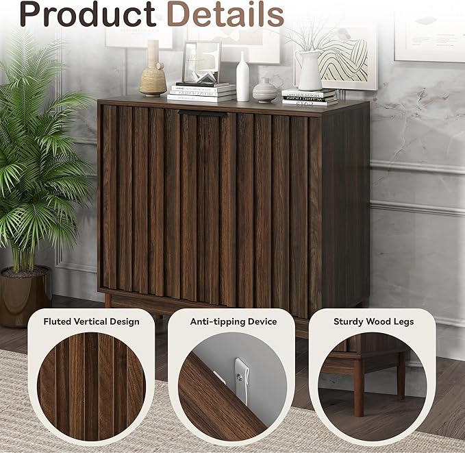 Fluted Cabinet with Storage, Buffet Cabinet Sideboard with Door, Kitchen Buffet Storage Accent Cabinets with Adjustable Shelves for Living Room, Entry, Hallway, Brown, Walnut