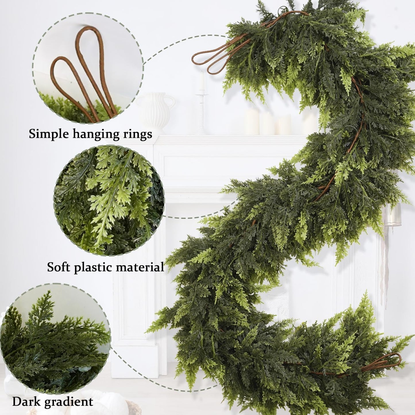 6 Ft Artificial Cedar Garlands – Real Touch Winter Greenery, Realistic Artificial Cedar Tree Christmas Pine Garland Decorations for Table Mantle Wall Indoor Fireplace Holiday Party (6ft, 1)