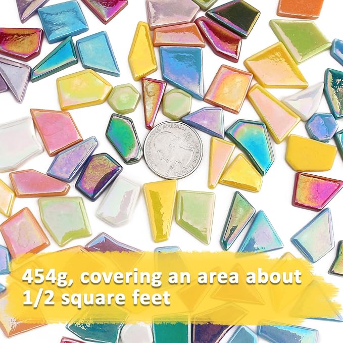 Youway Style Iridescent Glass Mosaic Tiles for Crafts Bulk,454g Broken Mosaic Glass Pieces for Garden Crafts Kits,DIY Mosaic Art Decor