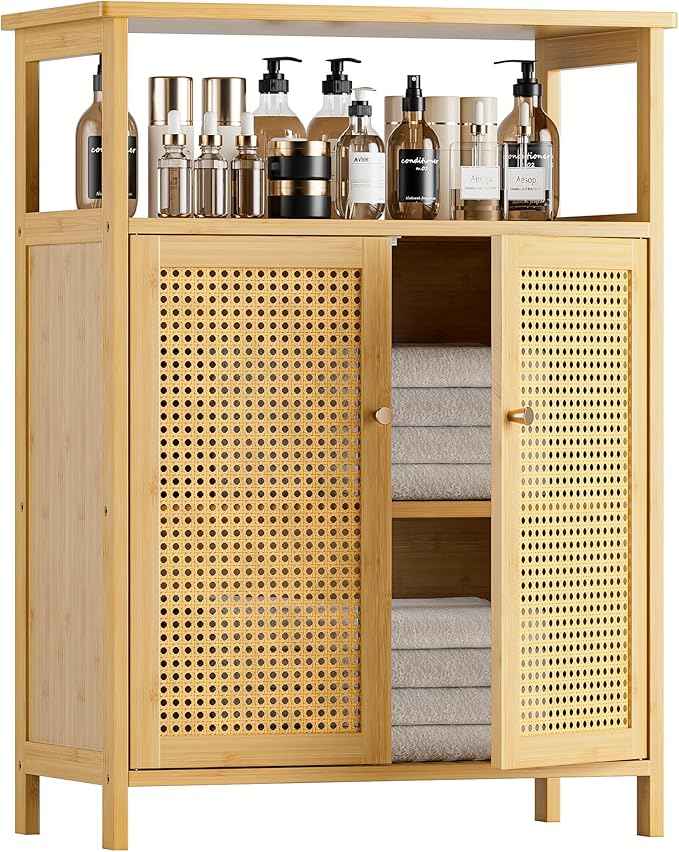 HITNET Rattan Bathroom Storage Cabinet, Bamboo Floor Cupboard with 2 Doors, Freestanding Side Organizer for Living Room, Kitchen, Entryway, Natural
