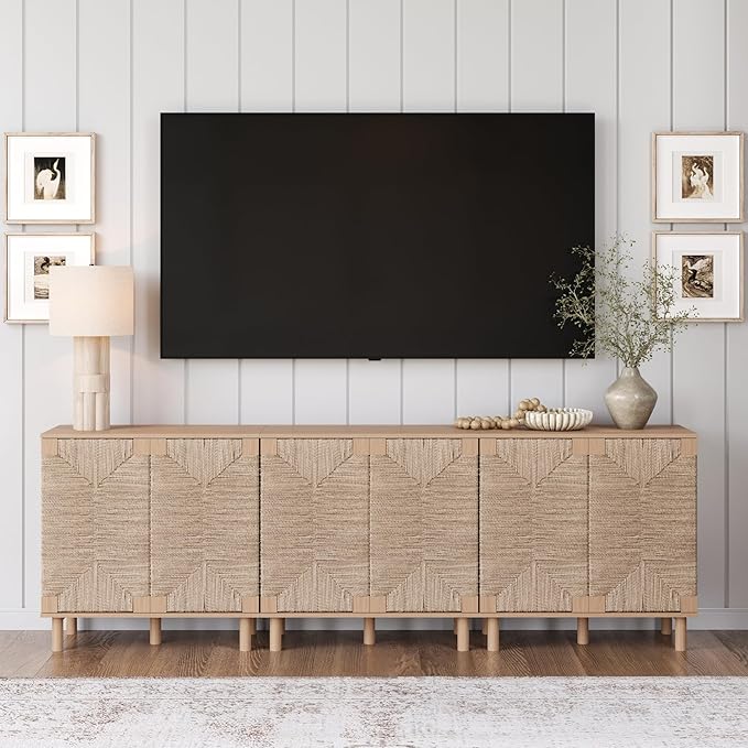Nathan James Beacon Boho TV Stand, Free Standing Kitchen Cabinet Storage with Adjustable Interior Shelf and Seagrass Accent, Seagrass/Raw Oak, Set of 3