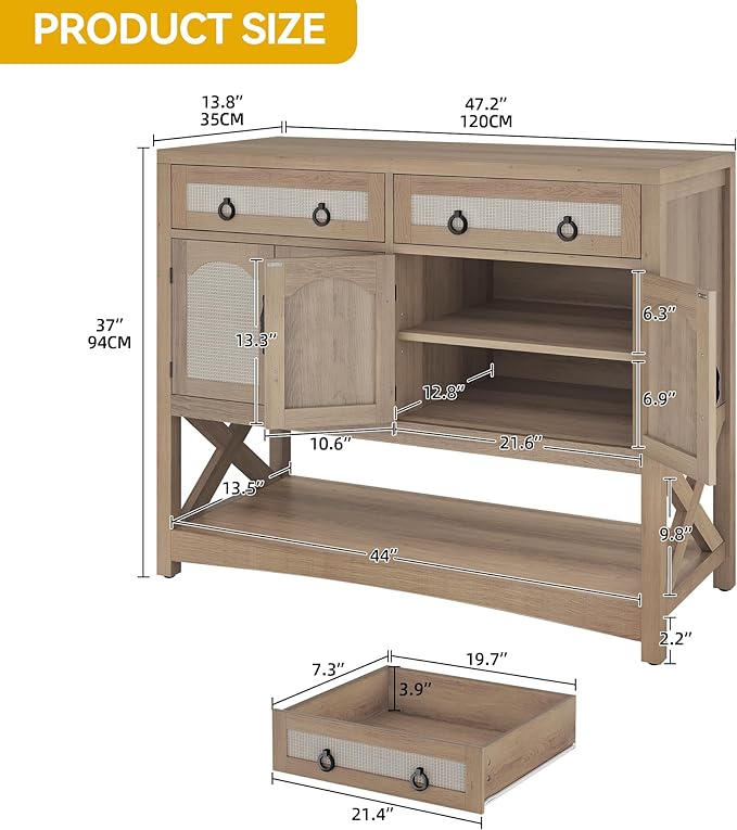 DWVO 47.2" Rattan Buffet Sideboard Cabinet with Storage, Farmhouse Coffee Bar Cabinet w/2 Drawers, 4-Doors Console Table with Adjustable Shelves for Kitchen, Dining Room, Living Room, Entryway (Oak)