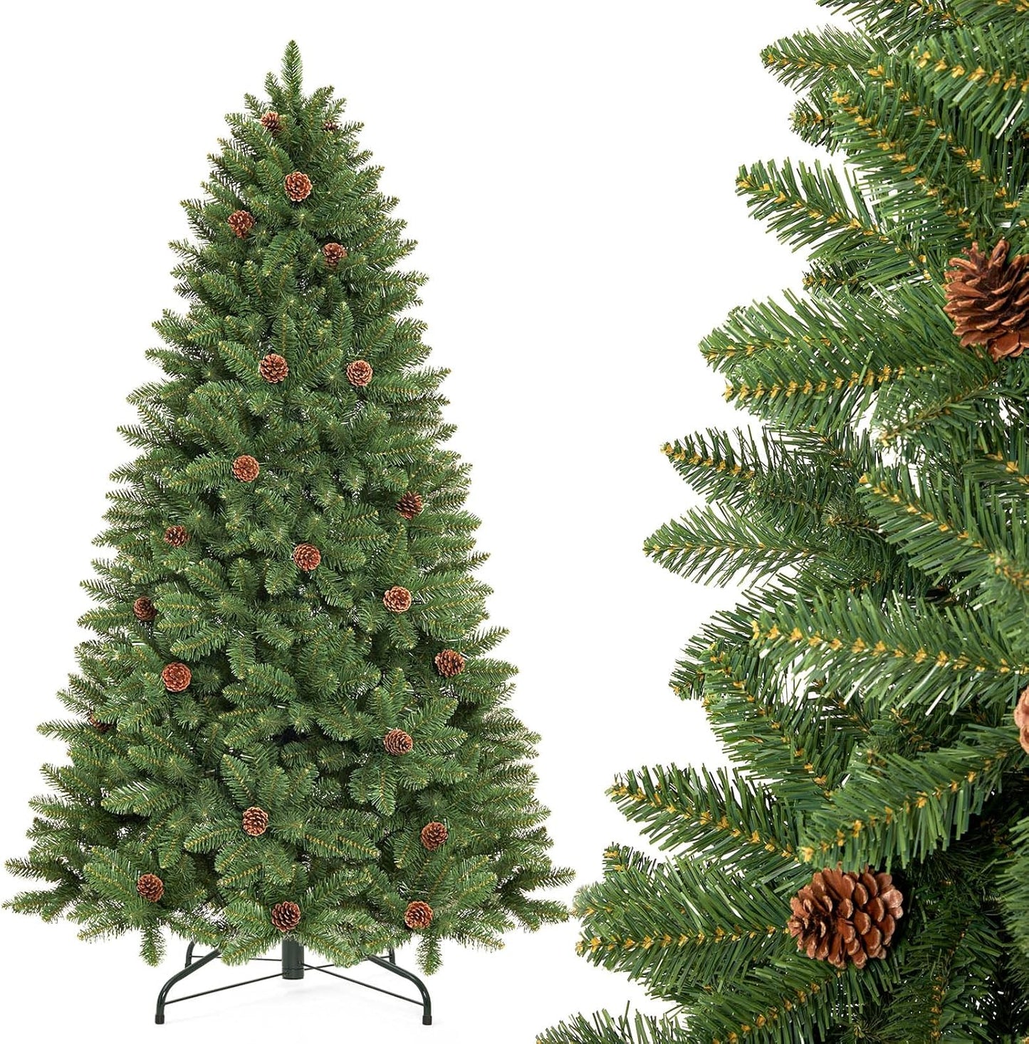 Decoway 7FT Artificial Christmas Tree: Unlit Green Xmas Pine with Pinecones and Metal Stand for Indoor - Holiday Decoration for Porch Living Room Easy Assembly
