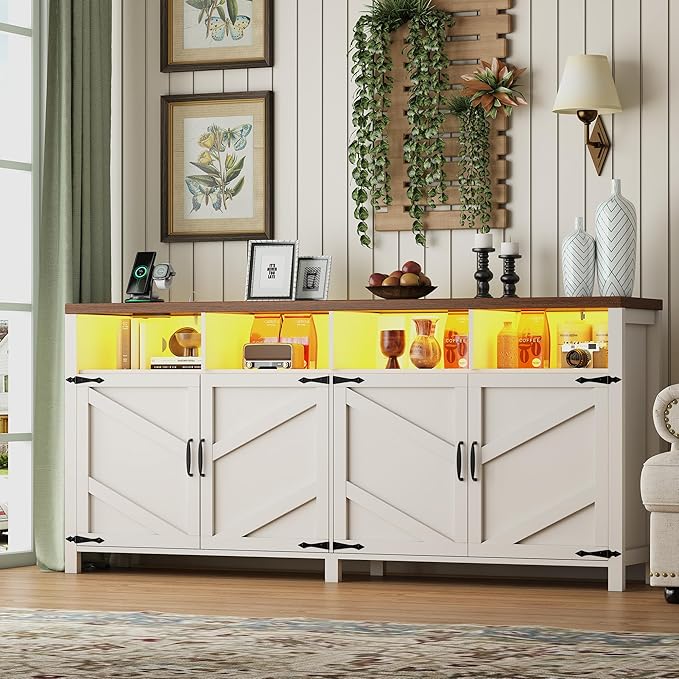 63'' Buffet Sideboard with Storage with Power Outlets & LED Light 4 Doors, Large Farmhouse Kitchen Storage Cabinet Wood Coffee Bar Cabinet Buffet Table for Kitchen, Dining Room, Entryway