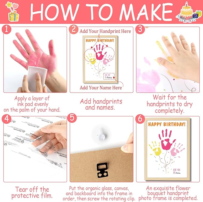 QOUBAI Birthday Handprint Balloon Art Craft DIY Kit Happy Birthday Gifts Children Adults Handprint Keepsake for Mom Father Friend Grandparent Birthdays Gift Christmas (12X16in, with Wood Frame)