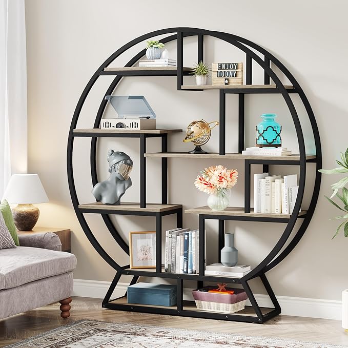 Tribesigns Bookshelf, Round Bookshelves Etagere Bookcase, 63 Inch Industrial Wood Book Shelf with Staggered Shelves, Open Shelving Organizer Rack Display Shelf for Home Office, Living Room, Grey