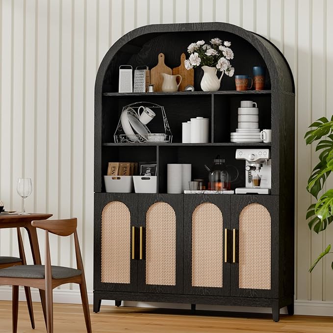 71" Tall Wide Arched Storage Cabinet, 5-Tier Rattan-Door Bookcase with Divider Shelf & Gold Pull Handles, Wood Versatile Pantry Organizer for Living Room/Kitchen/Office, Black