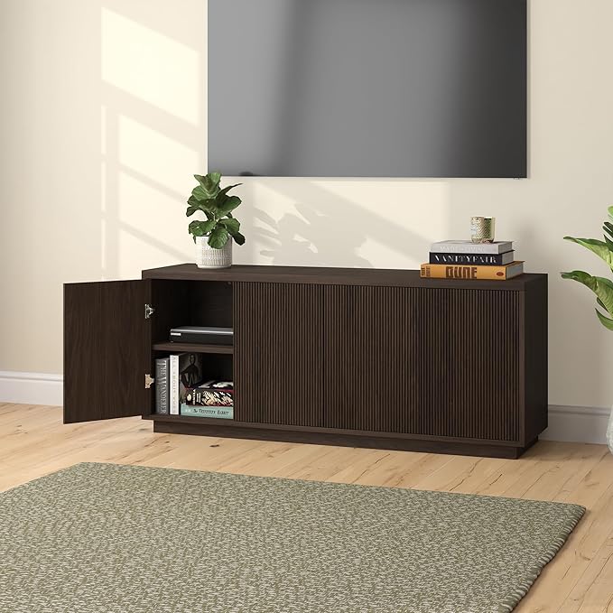 Henn&Hart Fluted TV Stand for TVs up to 65" with 2 Concealed Ribbed Storage Cabinets and Adjustable Shelves for Living Room, Family Room, or Office, Warm Brown