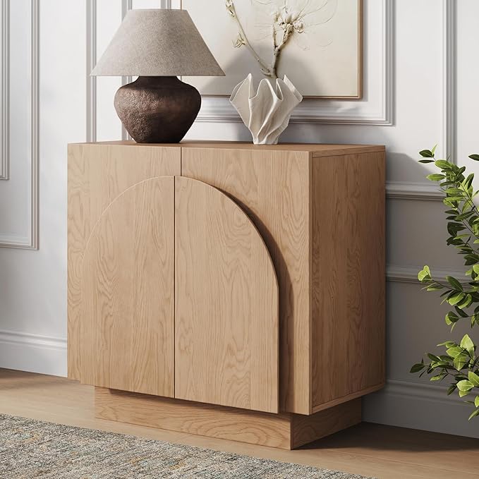 Nathan James Iris Mid-Century Modern Credenza, Brown Sideboard Buffet, Living Room Wood Storage Cabinet with Arched Cabinet Doors, Raw Oak
