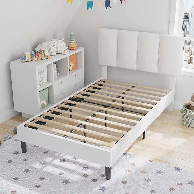 VECELO Twin Bed Frame with Upholstered Headboard, Heavy-Duty Platform Bedframe with Strong Wooden Slats Support, No Boxing Spring Needed, Pure White
