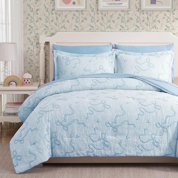 Geniospin Light Blue Queen Comforter Set for Girls- 7 Pieces Bowknot Jacquard Bed in A Bag Queen Bedding Sets with Sheets, Pillowcases & Shams, All Season Kids Comforter Set