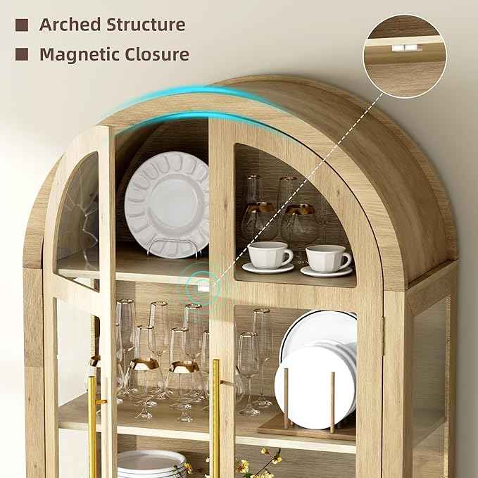 Arched Curio Cabinet with Glass Doors, 4-Tier Display Cabinet with 2 Drawers, Tall Bookcase with 3 Color Lights, Display Case, Kitchen Pantry (Wood)