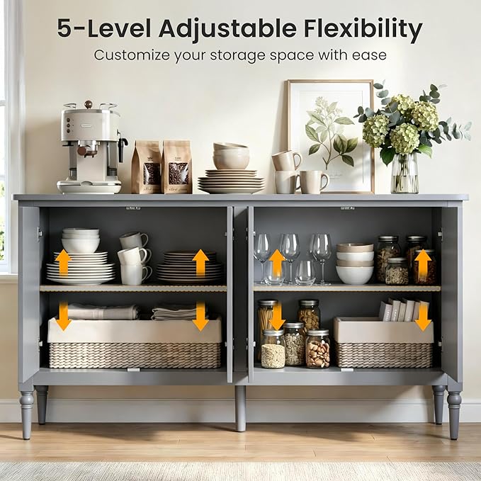 RoyalCraft 59" Buffet Cabinet with Storage, Vintage Sideboard with Adjustable Shelves & Carved Handle, Mid Century Modern Painted Credenza Coffee Bar for Kitchen, Dining Room, Dove Gray