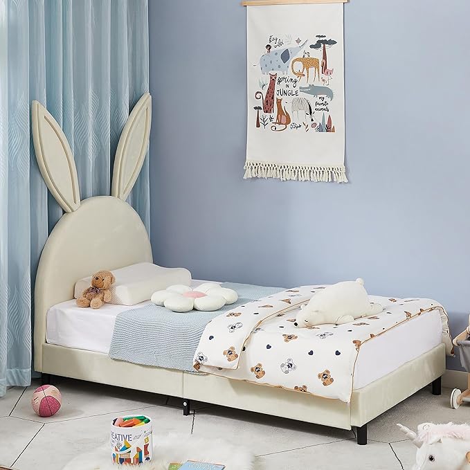 VECELO Twin Size Bed Frame with Storage Organizer, Heavy-Duty Platform with Rabbit Shaped Headboard for Girls Kids Room, Easy Assembly, Beige