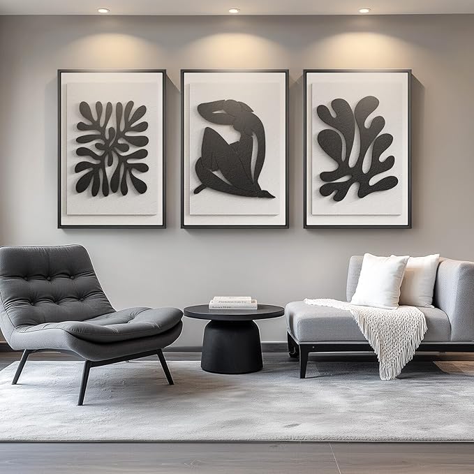 Large 3D Textured Framed Black and White Abstract Wall Art for Living Room, 3 Piece Modern Artwork for Walls, Minimalist Wall Paintings for Hallway, Staircase, Office Wall Decor, 24x36 Inch