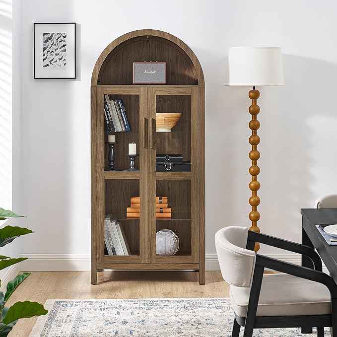 Arched Storage Cabinet with Glass Doors, Wood Display Cabinet with Adjustable Shelves and LED Lighting, 67H x 30W x 15.5D Inches, Modern Retro Style Kitchen Cabinet
