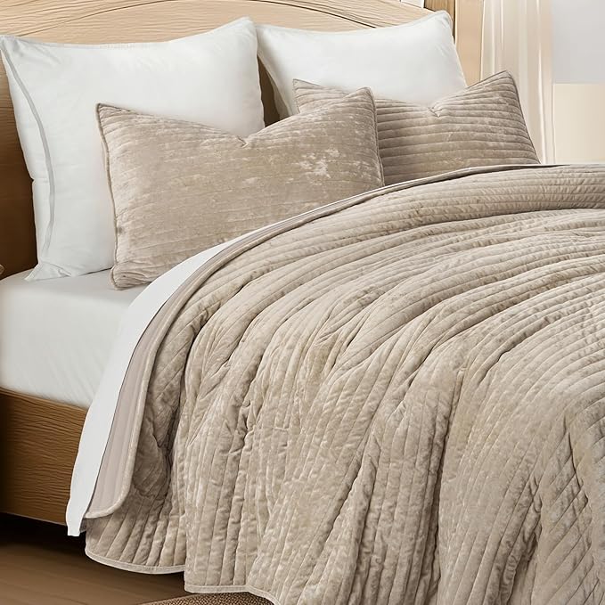 EVERGRACE Velvet Quilt Set Queen Size, Luxurious Soft Striped Channel Bedding Set, Lightweight Velvet Comforter for All Season, Oversized Bedspread Coverlet with 2 Matching Shams, Beige Taupe