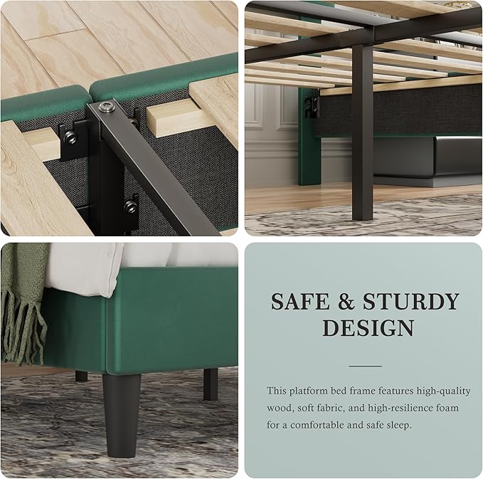 VECELO Queen Size Bed Frame with Adjustable Headboard, Upholstered Platform Bedframe with Wood Slat Support, No Box Spring Needed, Easy Assembly, Dark Green