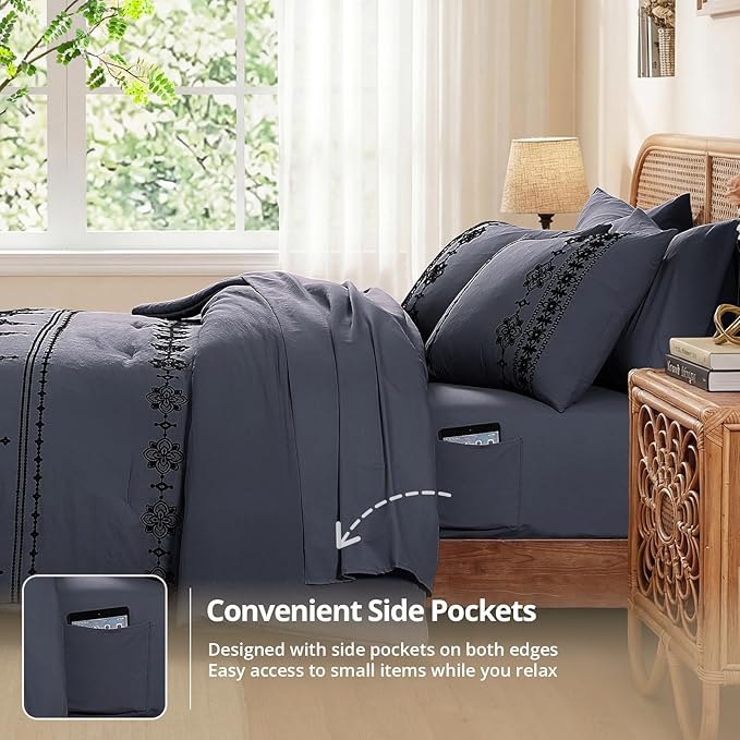 MaiRêve Queen Size Comforter Set Crown Blue, Embroidery Floral Western Boho Bedding Set, All Season 7 Pieces Bed in a Bag with Sheets, Pillowcases & Shams