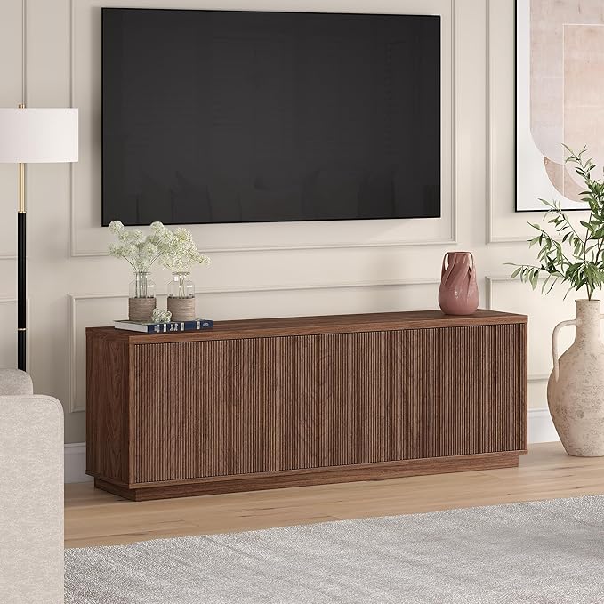 Henn&Hart Fluted TV Stand for TVs up to 75" with 2 Concealed Ribbed Storage Cabinets and Adjustable Shelves for Living Room, Family Room, or Office, Medium Walnut