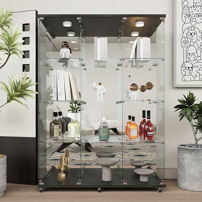 Beauty4U Glass Display Cabinet with LED Lights and Mirror, Extra Large 3 Columns 2 Doors Curio Cabinets with 12 Shelves for Living Room, Bedroom, Office, Black Floor Standing Bookshelf