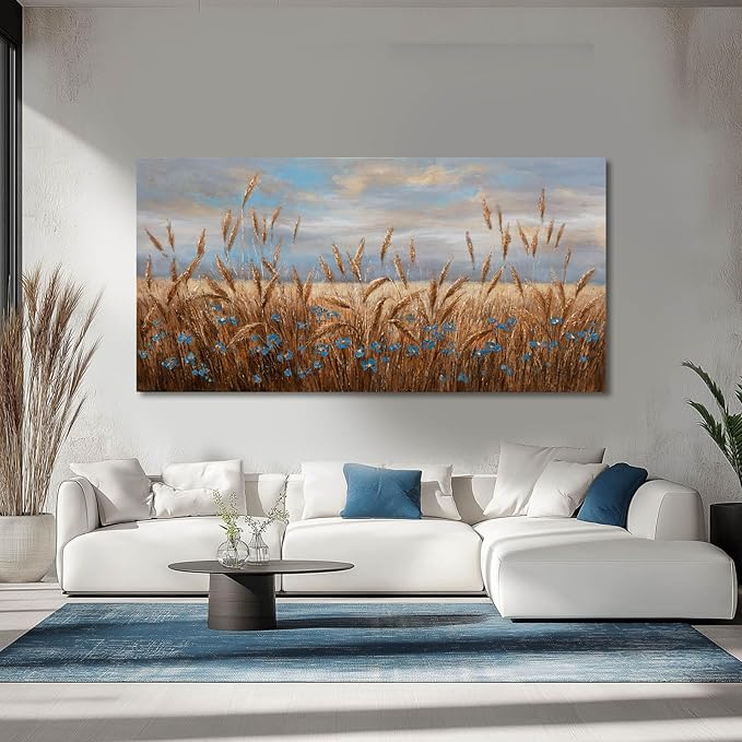 GAIDUOMAI Blue and Gold Pictures Rustic Wall Art Wheat Room Decor Floral Art Posters for Dining Room Big Painting for Living Room Kitchen 29x58 Inch
