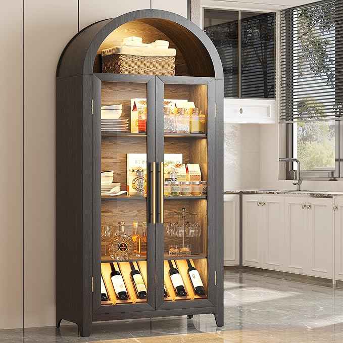 Vlsrka 71" Arched Storage Cabinet with Doors, Display Cabinet with LED Light & Human Sensor, 5-Tier Display Cases for Collectibles, Curio Cabinet with Ajustable Shelf for Living Room, Black