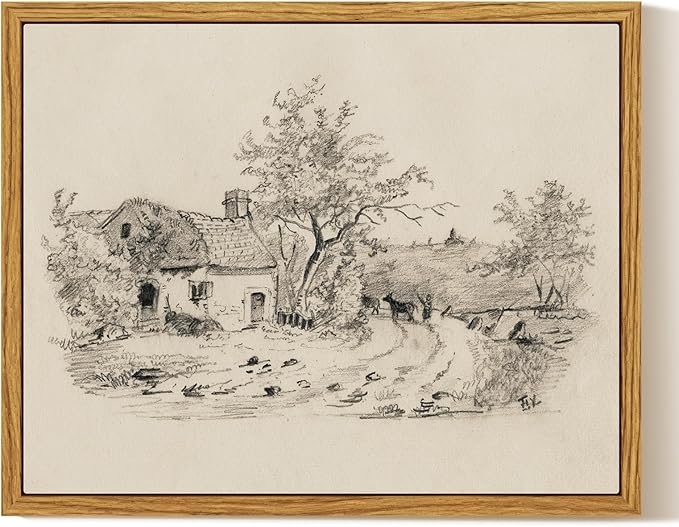 InSimSea Framed Canvas Print Art, Vintage Countryside Sketch Landscape Painting, Rustic Farmhouse Cottage Decor for Hallway Wall Floating Shelf Desk Vanity Fireplace,10x8in, Neutral Tones