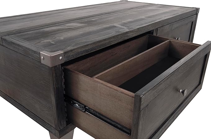 Signature Design by Ashley Todoe Industrial Spring-Lift Top Coffee Table, 2 Storage Drawers, Metal Legs, Wood, 54.38" W x 28.5" D x 18.25" H, Dark Gray & Weathered Pine Finish