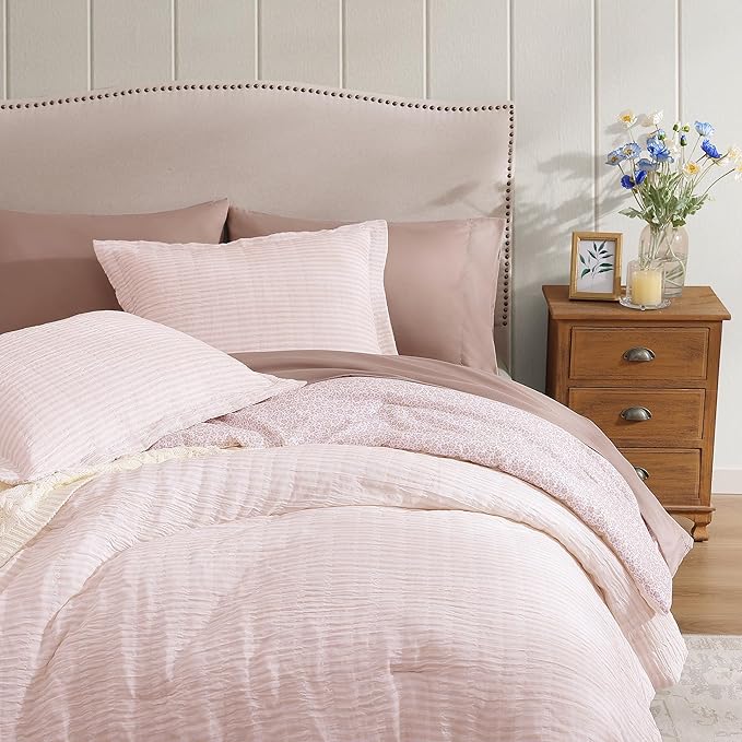 Full Comforter Set - 7 Pieces Pink Gauze Muslin Bedding Sets for All Seasons, Lightweight Breathable Bed in a Bag Full with Revesible Farmhouse Comforter, Sheets, Pillowcases & Sham